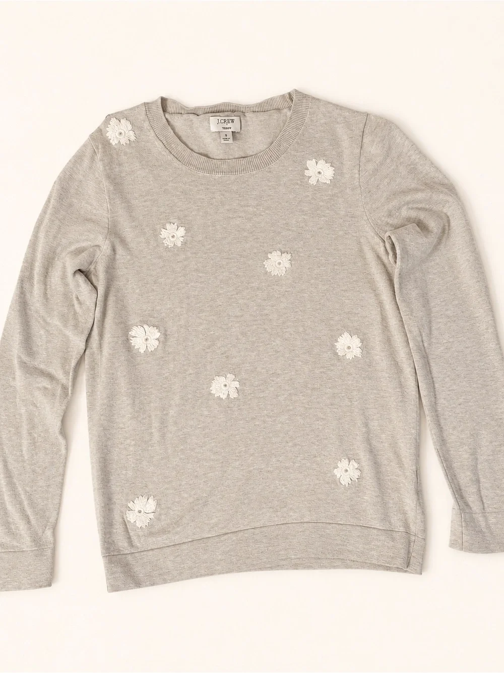 J. Crew Light Gray Crewneck Sweater with White Floral Appliqués